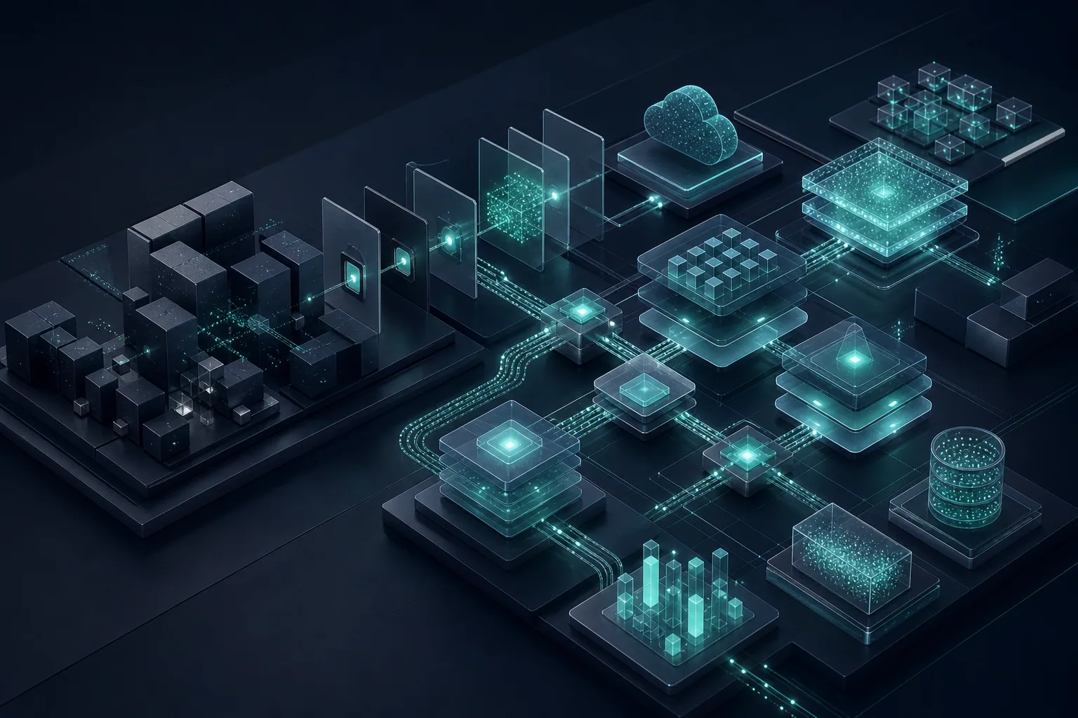 An original application estate progressing through controlled gates into connected cloud, data and observability services.