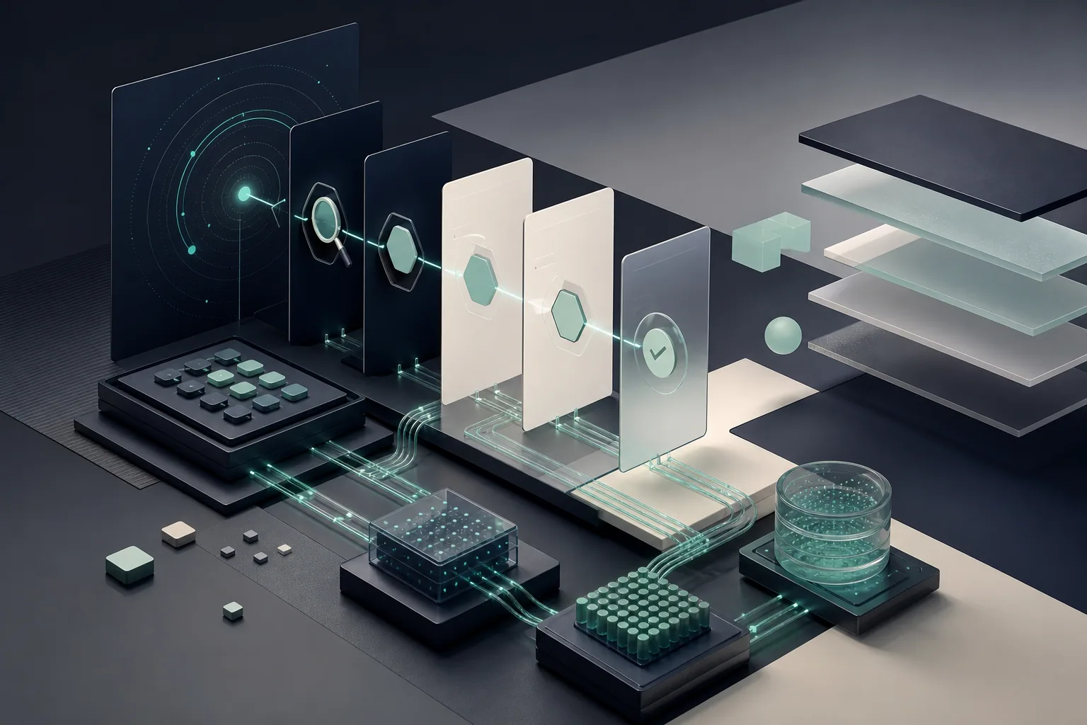 An original modular product delivery system with connected interface planes and quality gates.