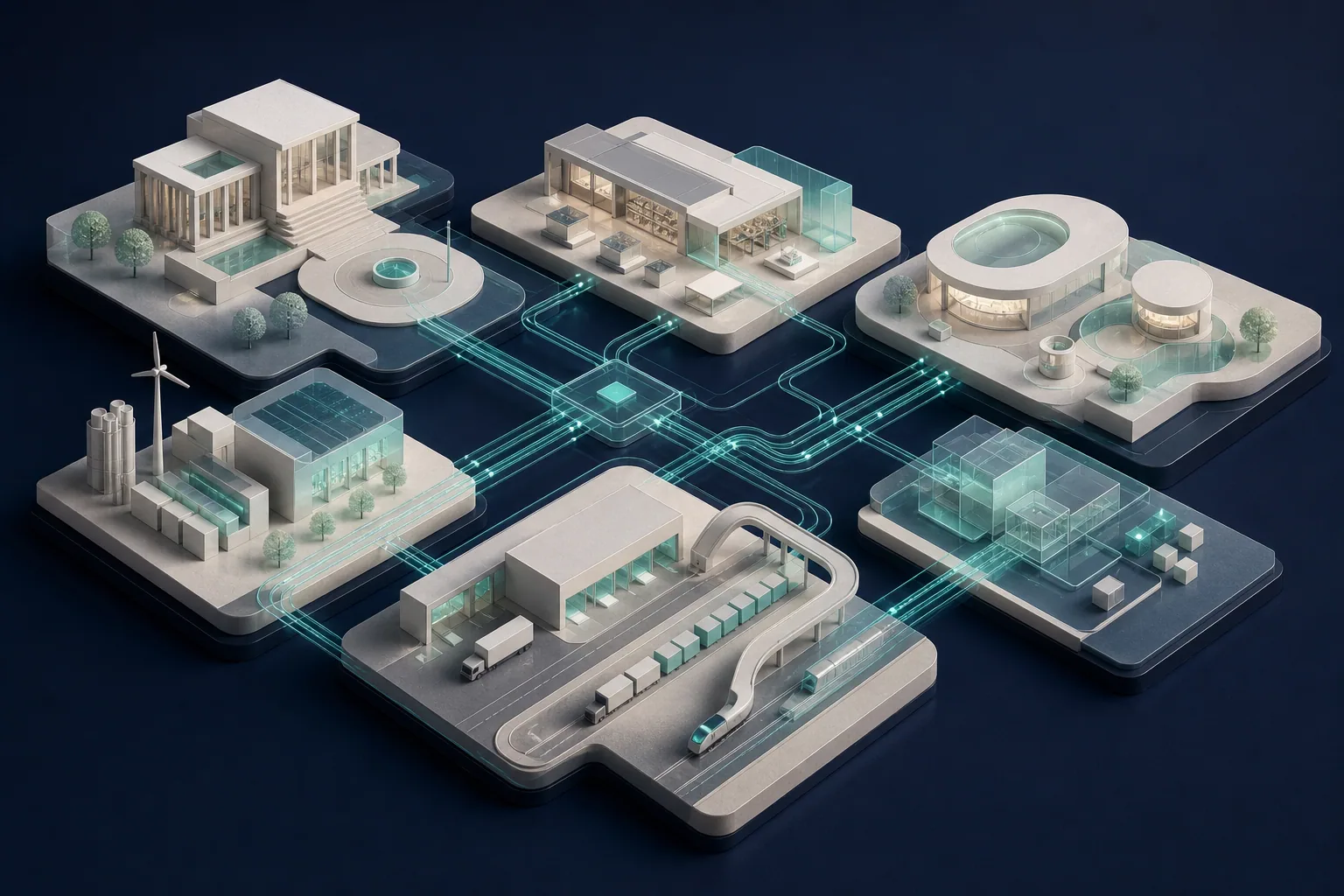 An original architectural model connecting civic, retail, care, energy, transport and digital service environments.